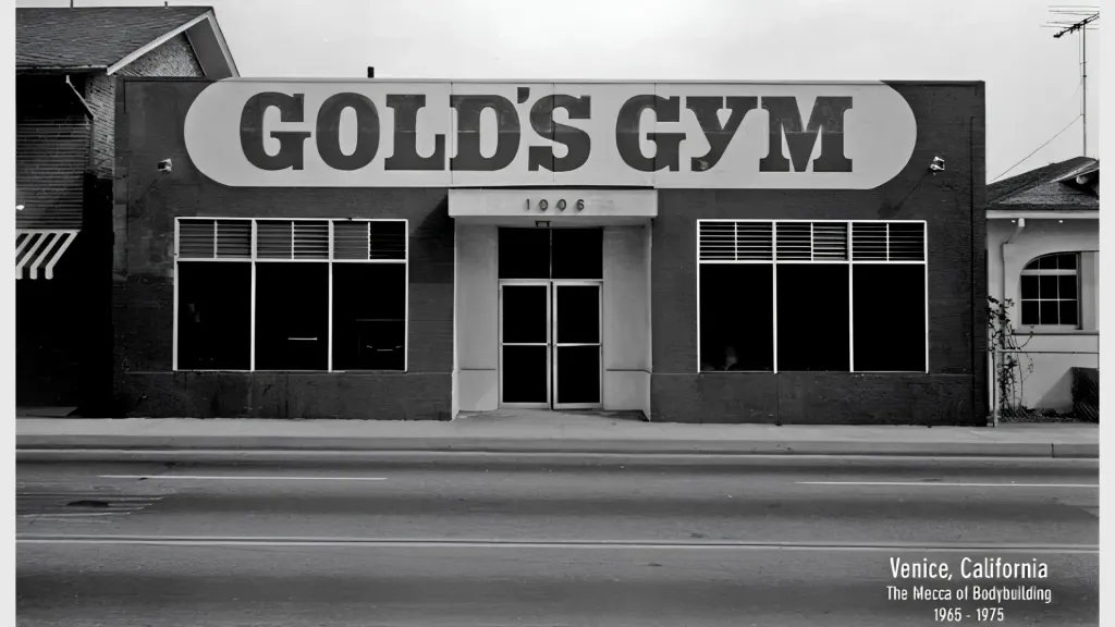 The original Gold's Gym at 1006 Pacific Avenue, Venice Beach, California — the Mecca of Bodybuilding, 1965–1975